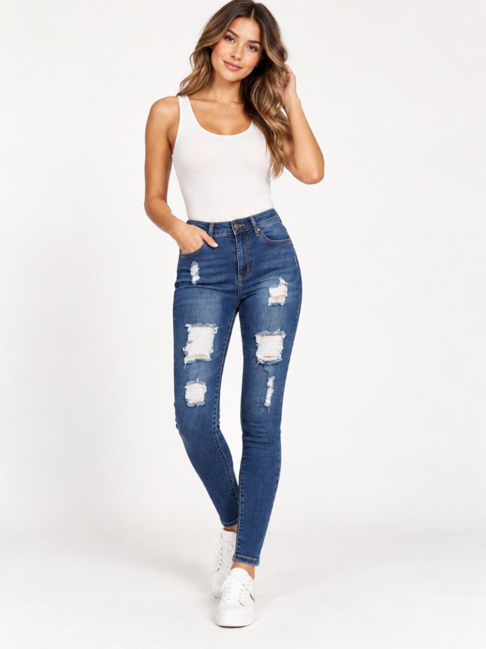 Fashion Nova Women's 3/4 Blue High Rise Distressed Skinny Jeans Stretch Denim